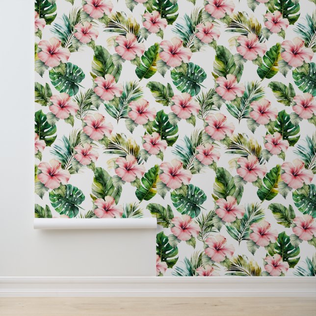 Papier Peint Feuilles verts tropicaux Fleurs d'Hibiscus roses (Application)