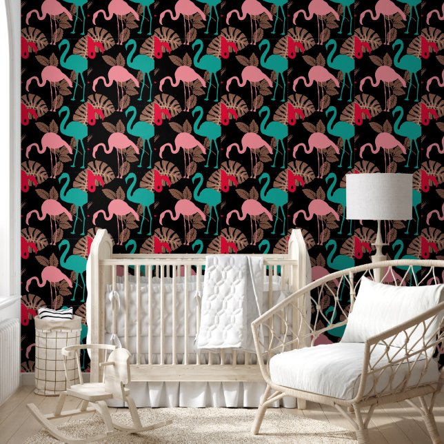 Papier Peint Flamant rose rose bleu mignon Plantes tropicaux (Enfants)
