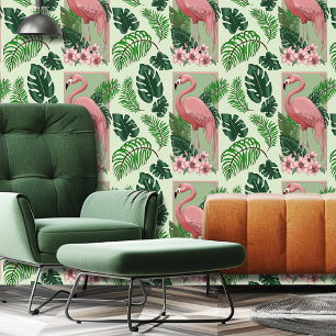 Papier Peint Flamant rose rose Vert Feuilles Lily