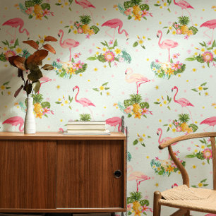 Papier Peint Flamants Roses Tropicaux Motif Plante Plage