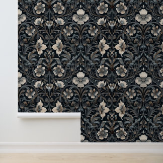 Papier Peint Fleur Blanche Fond Baroque Gothique Noir 