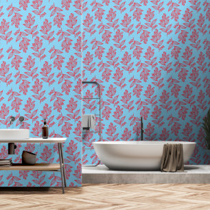 Papier Peint Fleur Bleu Rouge Botanique Floral Line Motif Art