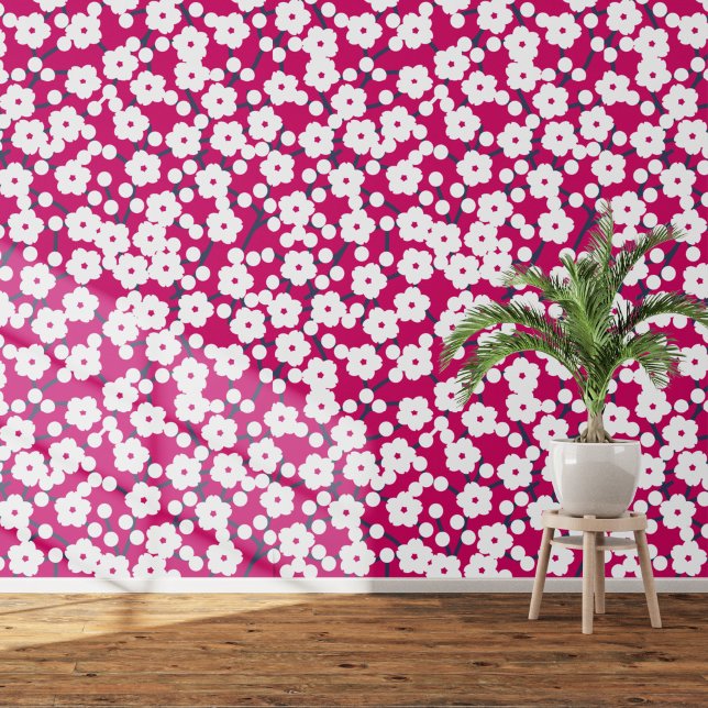Papier Peint Fleur de cerisier blanc sur rose (White on pink cherry blossom art wallpaper)