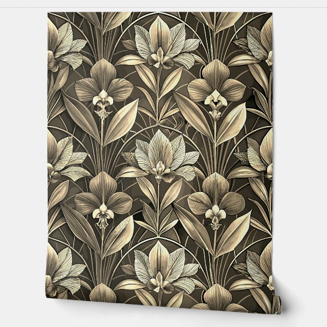 Papier Peint Fleur de lis Geometric Art Deco Gold Pattern (Déroulement)