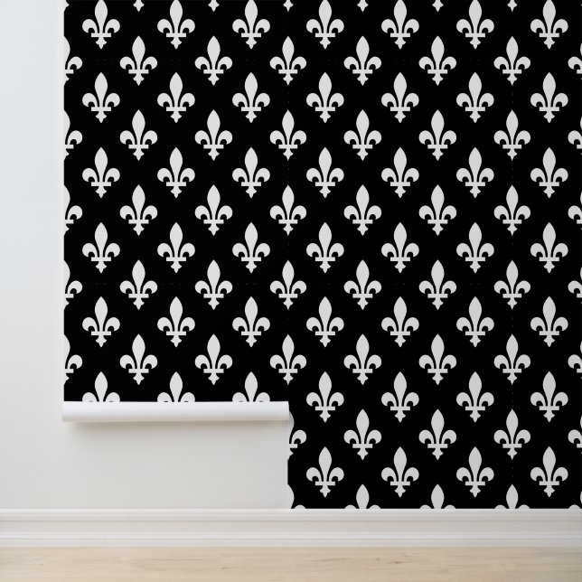 Papier Peint Fleur de Lis Motif, Royal French, Blanc sur Noir (Application)