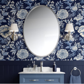 Papier Peint Fleur de minuit - Bleu et blanc - Traditionnel