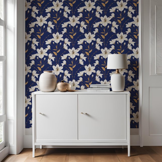 Papier Peint Fleur fleurie géométrique Bleu Beige Lily Motif (Créateur téléchargé)