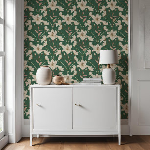 Papier Peint Fleur fleurie géométrique Vert Beige Lily Motif