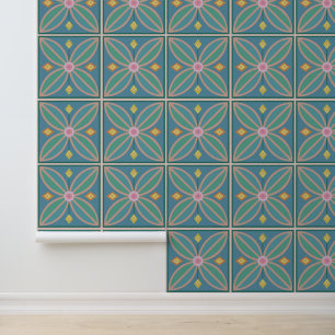 Papier Peint Fleur motif paon bleu jaune et rose
