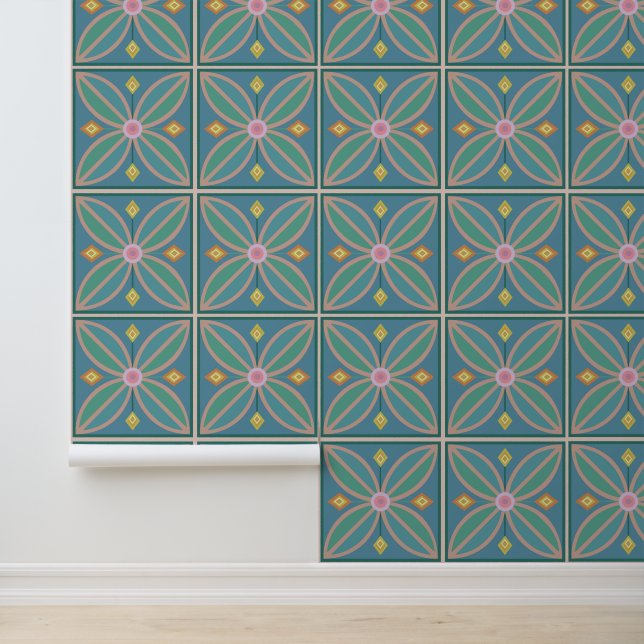 Papier Peint Fleur motif paon bleu jaune et rose (Application)