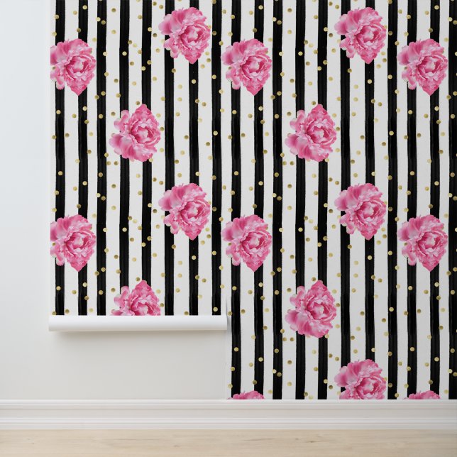 Papier Peint Fleur noire verticale et Confetti or (Application)