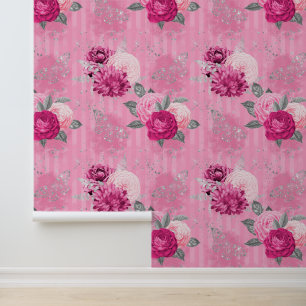 Papier Peint Fleur rose Fleur Argent Parties scintillant Papill