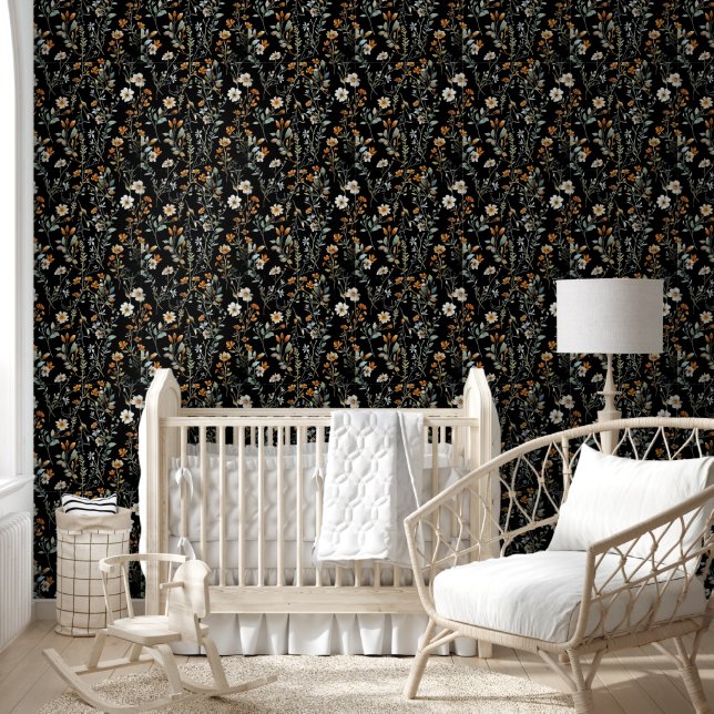 Papier Peint Fleur sauvage boho de couleur noire (Enfants)