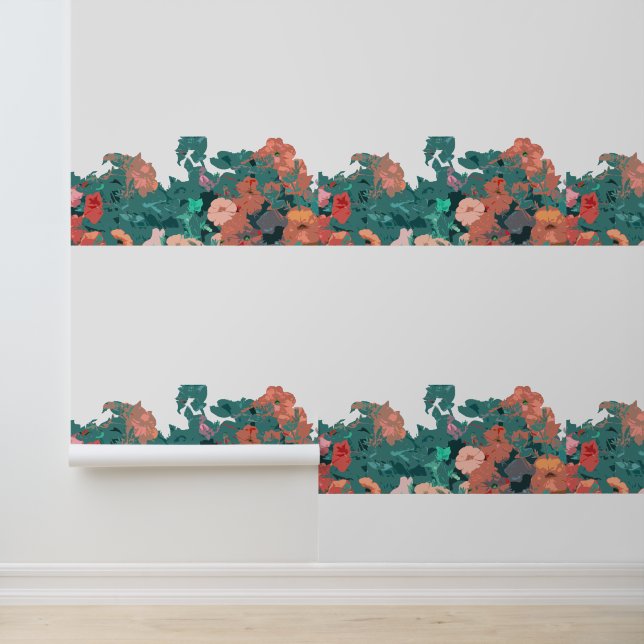 Papier Peint Fleur sauvage Floral Orange Vert Feuille Vert (Application)