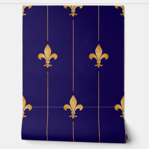 Papier Peint Fleur vintage or de Lis bleu foncé