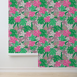 Papier Peint Fleurs blanches roses tropicales avec Feuilles de
