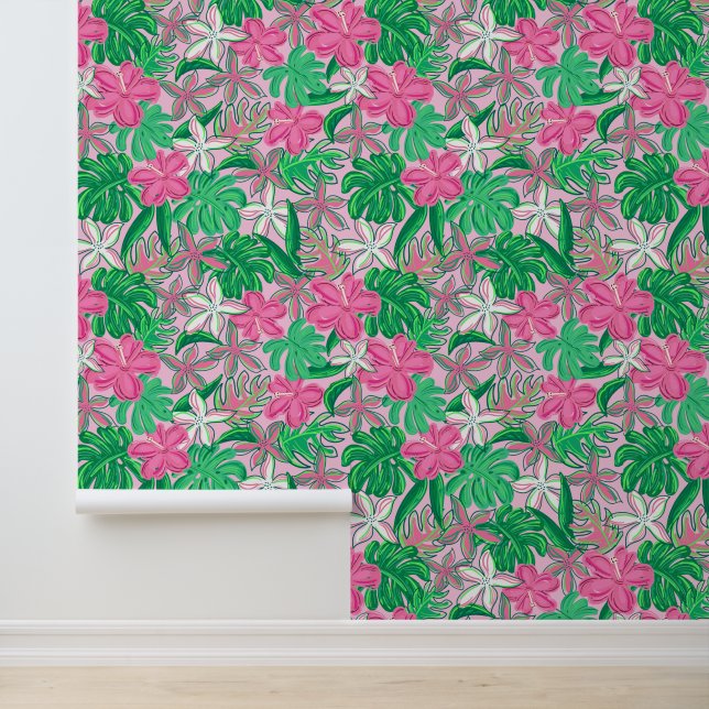 Papier Peint Fleurs blanches roses tropicales avec Feuilles de  (Application)