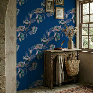 Papier Peint Fleurs bleues rayées aquarelle vintage bleue 