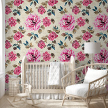 Fleurs Botaniques Roses et Feuilles Vertes Florale