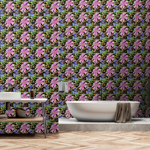 Papier Peint Fleurs Cosmos rose et bleu sur noir