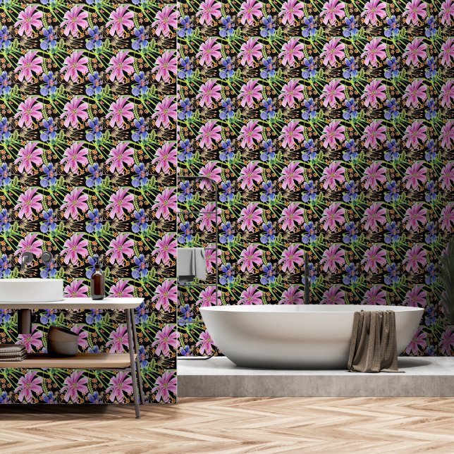 Papier Peint Fleurs Cosmos rose et bleu sur noir (Salle de bain)