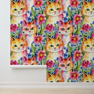 Papier Peint Fleurs d'aquarelle et chats en gros colorés