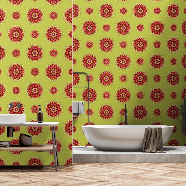 Papier Peint Fleurs de couverture sur vert (Salle de bain)