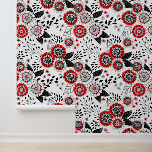 Papier Peint Fleurs de gribouillis et feuilles en rouge et noir