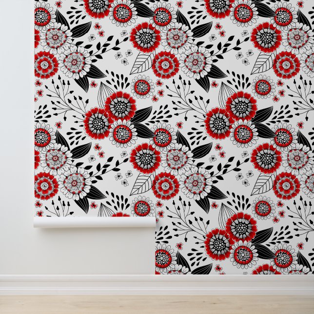 Papier Peint Fleurs de gribouillis et feuilles en rouge et noir (Application)