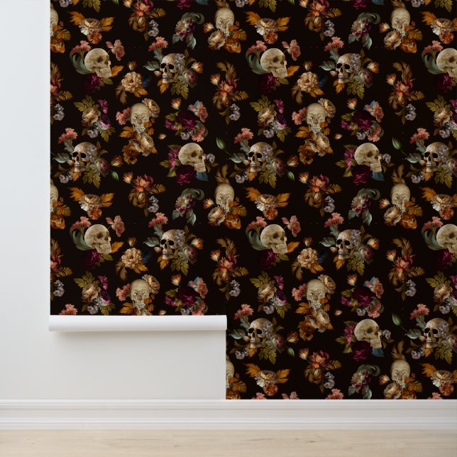 Papier Peint Fleurs De Moody Gothique Avec Crânes (Application)