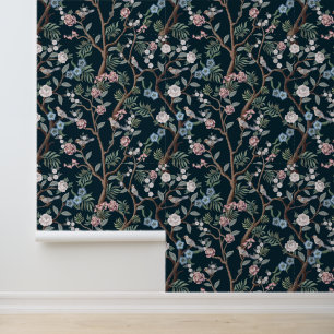 Papier Peint Fleurs de pivoine en chinoiserie, arbres oiseaux f