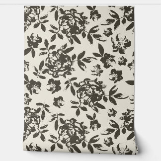 Papier Peint Fleurs de Rose de Cottage - Brun et Beige Ivoire