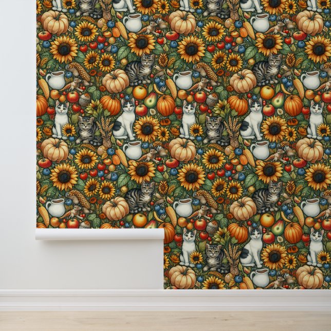 Papier Peint Fleurs de soleil, chats et lanceurs de café sauvag (Application)
