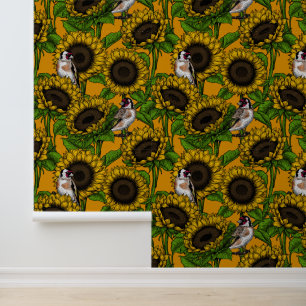 Papier Peint Fleurs de soleil et ailerons d'or sur orange