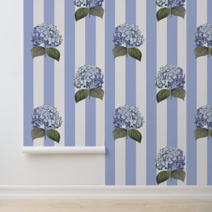 Papier Peint Fleurs d'hortensia bleues vintage à rayures bleues