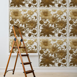 Papier Peint Fleurs dorées à décoller et à coller sur fond blan