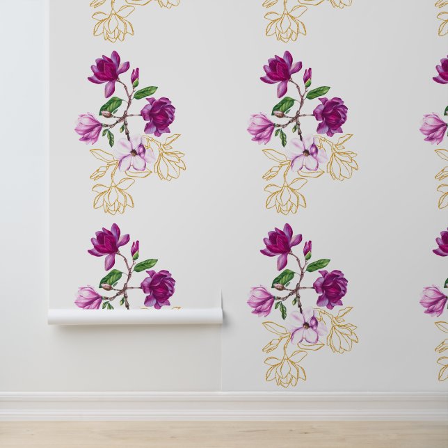 Papier Peint Fleurs élégantes de Magnolia Violet avec Floral Or (Application)