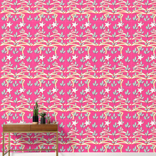 Papier Peint Fleurs et Étoiles Zig Zag Rose