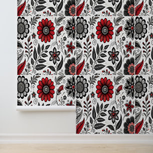 Papier Peint Fleurs et feuilles gribouillées en rouge et noir