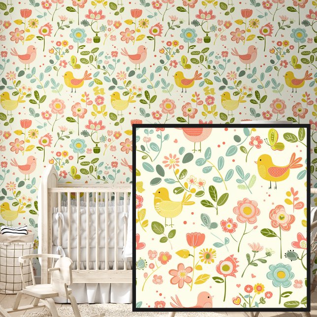 Papier Peint Fleurs et oiseaux de printemps mignons sur la crèm (Créateur téléchargé)