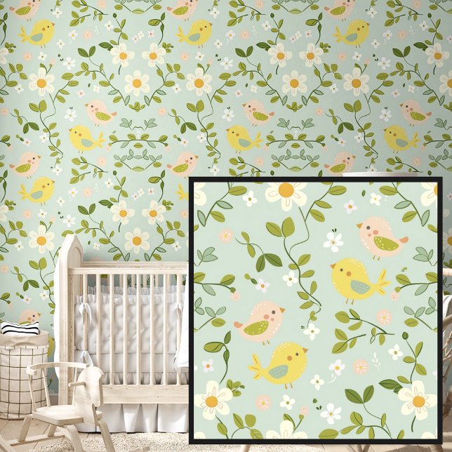Papier Peint Fleurs et oiseaux doux au printemps sur Vert doux (Créateur téléchargé)