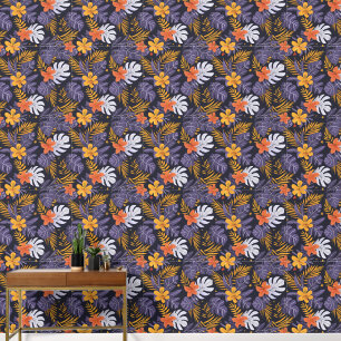 Papier Peint Fleurs Feuilles tropicales violet orange jaune bla
