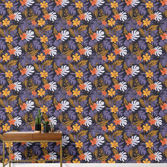 Papier Peint Fleurs Feuilles tropicales violet orange jaune bla (Couloir)