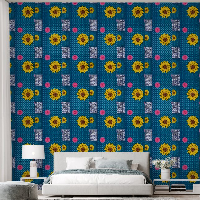 Papier peint Fleurs florales Bleu Jaune (Chambre à coucher)