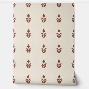 Papier Peint Fleurs Imprimées Simples en Bloc - Beige et Rouge