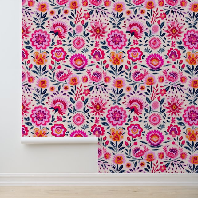 Papier Peint Fleurs mexicaines Fuchsia rose élégant floral (Application)
