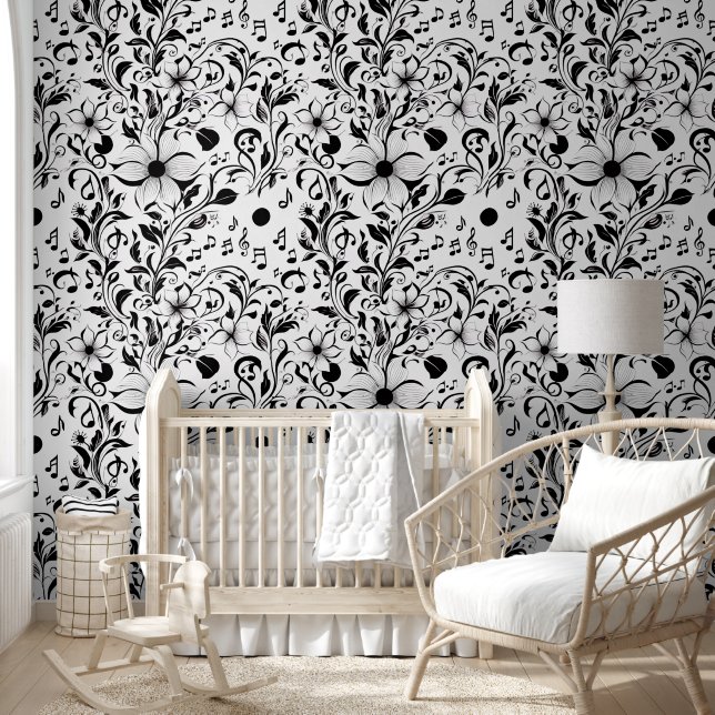 Papier Peint Fleurs noires et blanches et notes musicales (Enfants)
