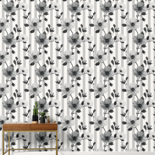 Papier Peint Fleurs noires et blanches sur lignes verticales Mo