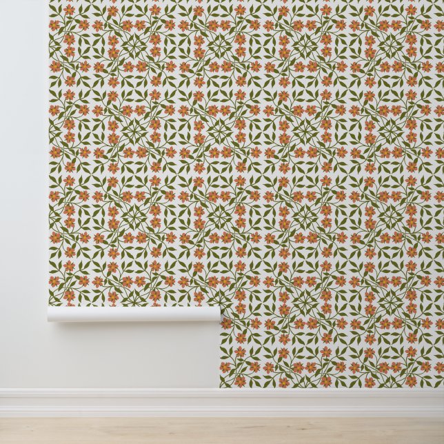 Papier Peint Fleurs orange, Motif Floral, Verdure, Boho (Application)