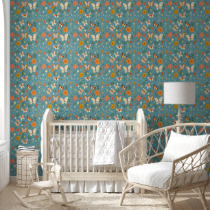Papier Peint Fleurs Papillons Caprice Fond Cyan Floral